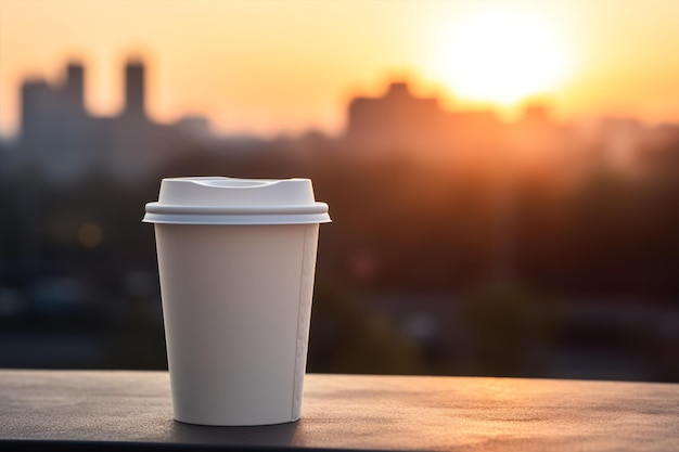Une tasse de café est posée sur un rebord avec le soleil se couchant derrière