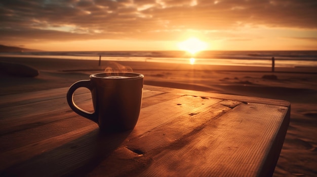 Une tasse de café est posée sur une table au coucher du soleil.