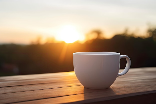 Une tasse de café est posée sur une table en bois devant un coucher de soleil.