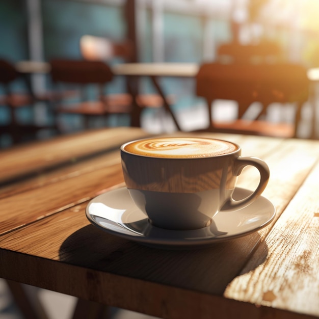 Une tasse de café est posée sur une table en bois devant une fenêtre.