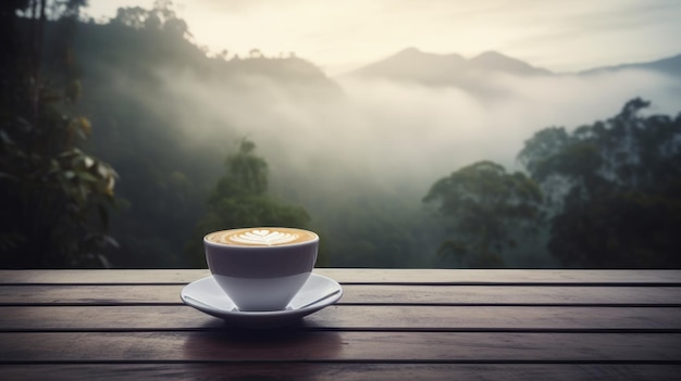 Une tasse de café est posée sur une table en bois devant un paysage de montagne.