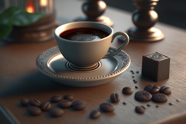 Une tasse de café est posée sur une table à côté d'une bougie et d'une boîte de chocolats.