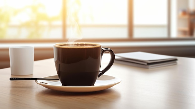 Une tasse de café est posée sur une table à côté d'un cahier