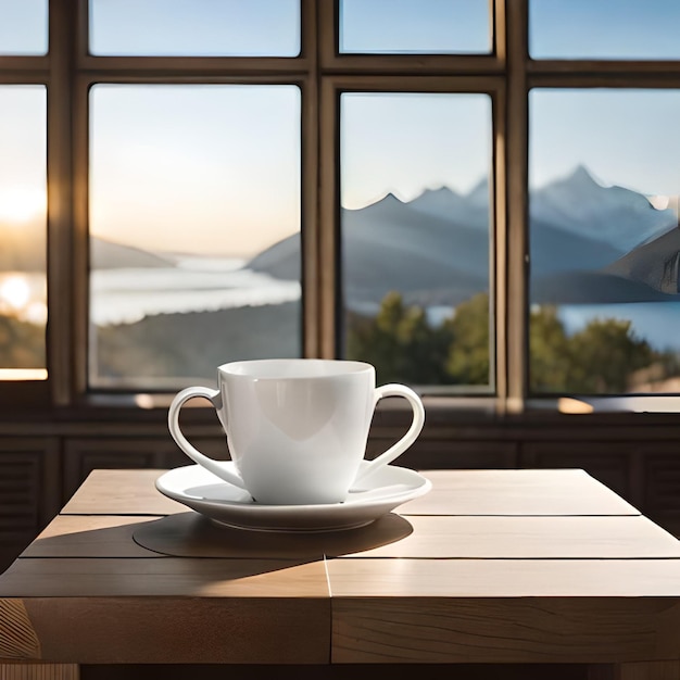 une tasse de café est posée sur une table à côté d'une fenêtre avec vue sur le lac.