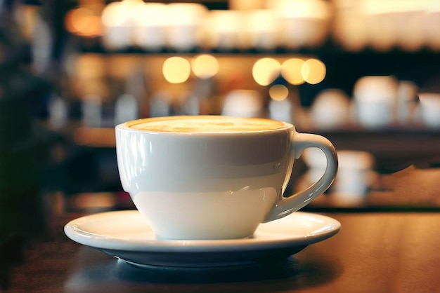 Une tasse de café est posée sur une table dans un bar.