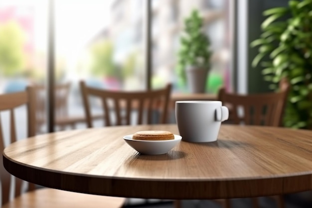 Une tasse de café est posée sur une table dans un café.