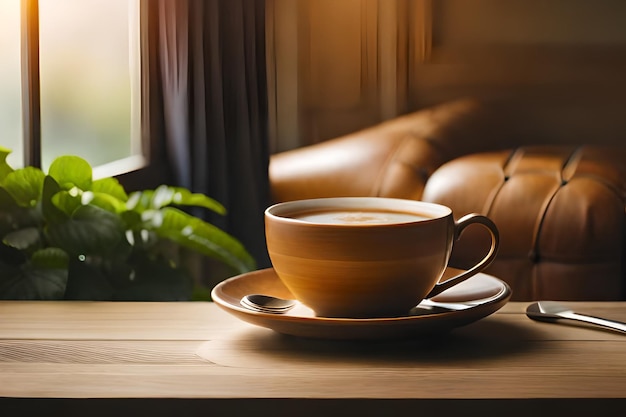 Une tasse de café est posée sur une table devant un canapé en cuir.