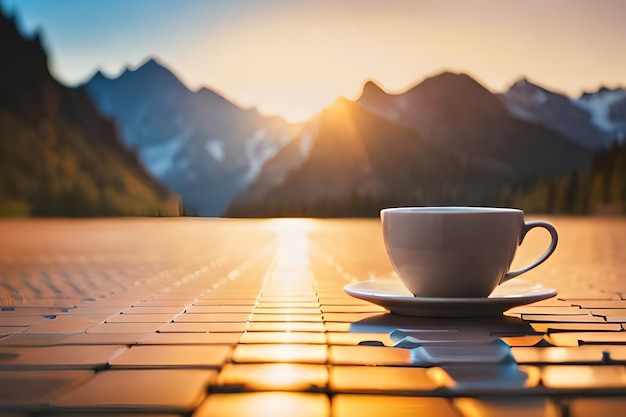 Une tasse de café est posée sur une table devant les montagnes.