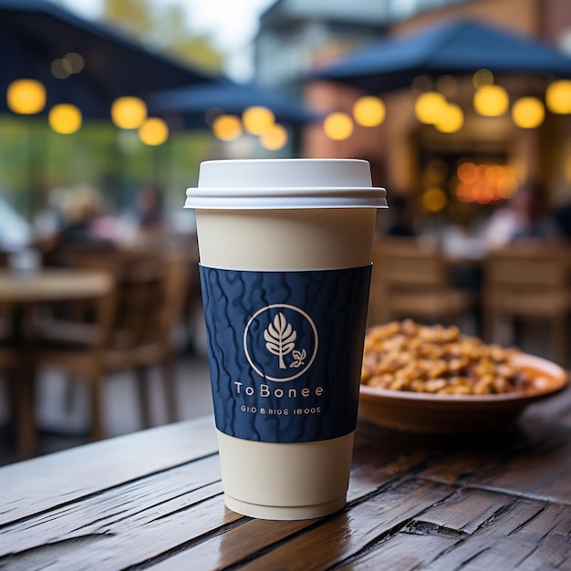 une tasse de café est posée sur une table devant une table avec une assiette de nourriture.