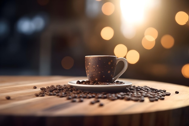 Photo une tasse de café est posée sur une table avec des grains de café dessus.