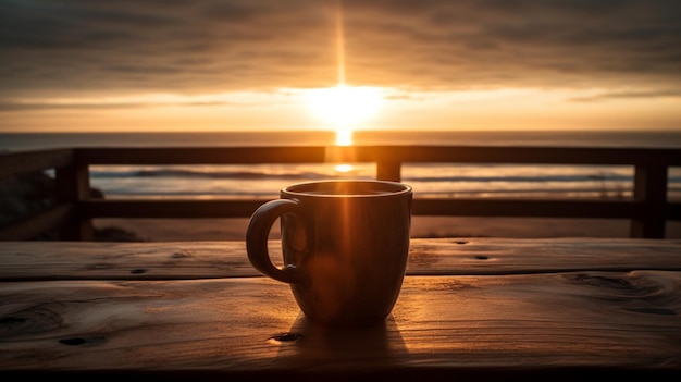 Une tasse de café est posée sur une table avec le soleil se couchant derrière elle.