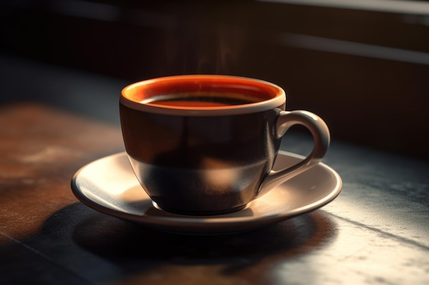 Une tasse de café est posée sur une table avec une soucoupe qui dit "café" dessus