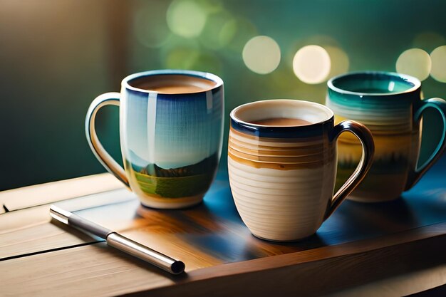 une tasse de café est posée sur une table avec une vue sur la montagne en arrière-plan.