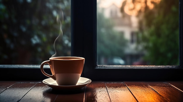 La tasse de café est sur le seuil de la fenêtre.