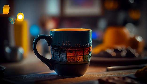 Tasse de café avec étalonnage des couleurs cinématographiques Gros plan sur une tasse rétro en céramique