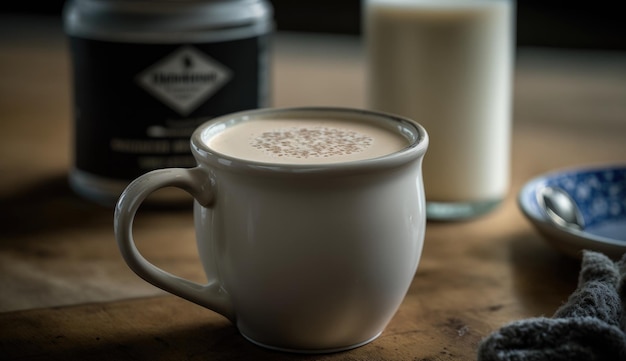 Une tasse de café avec une étiquette qui dit "chai latte" dessus