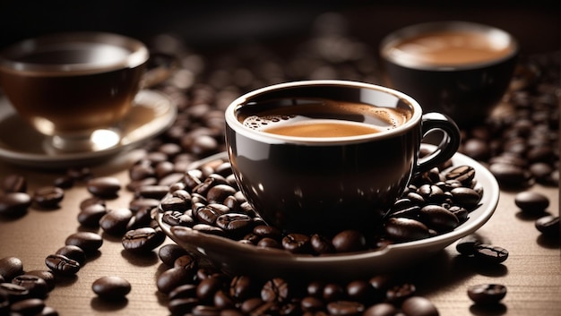 Une tasse de café expresso fumante repose sur un lit de grains de café fraîchement torréfiés