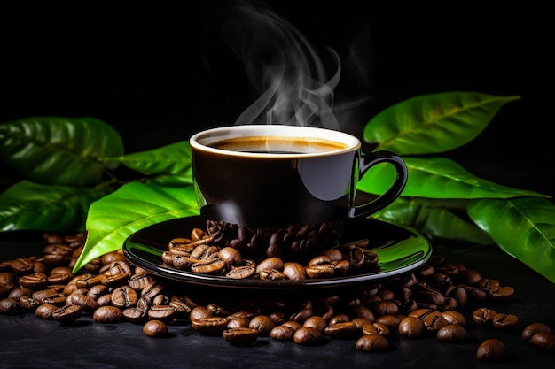 Tasse à café expresso avec des haricots sur une table vintage