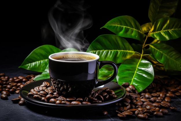 Tasse à café expresso avec des haricots sur une table vintage