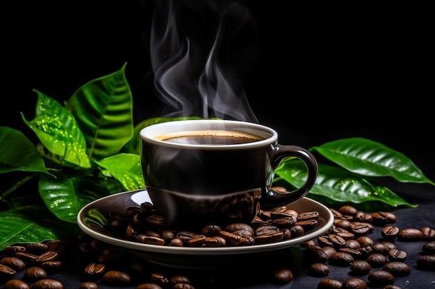 Tasse à café expresso avec des haricots sur une table vintage