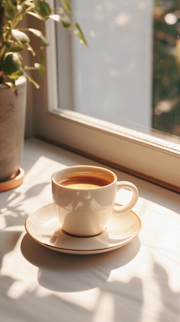 Tasse à café expresso sur la table près de la fenêtre avec lumière du matin Photographie d'aliments et de boissons