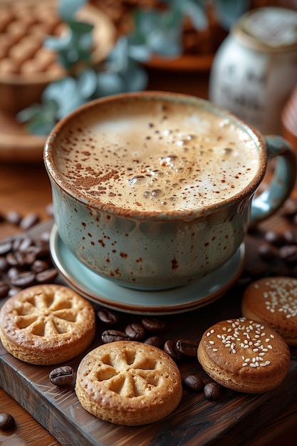 Une tasse de café faite en broyant des grains de café est placée sur le banc de travail du café