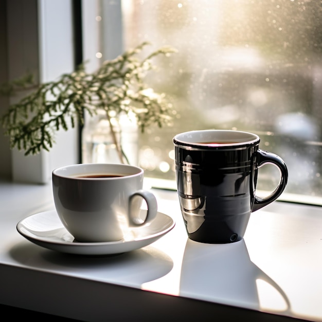 tasse de café à la fenêtre de la cuisine