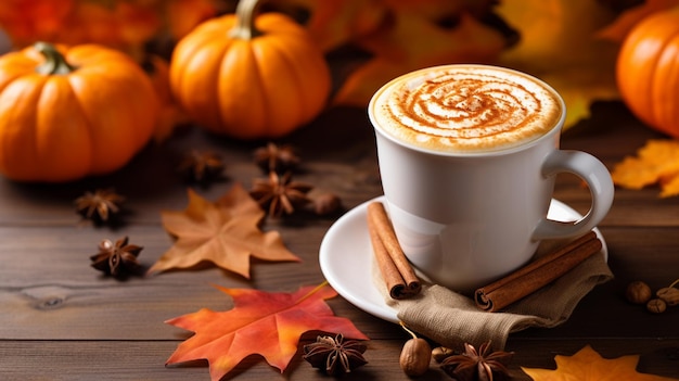 tasse de café avec feuille d'automne et cannelle