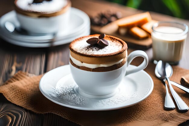 une tasse de café avec une feuille de chocolat sur le dessus