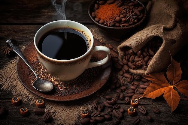 Photo une tasse de café avec une feuille à côté