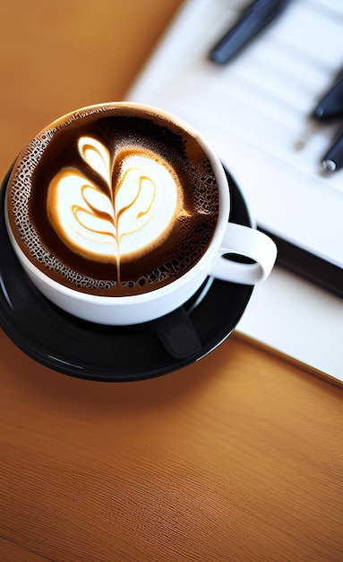 Une tasse de café avec une feuille dessus