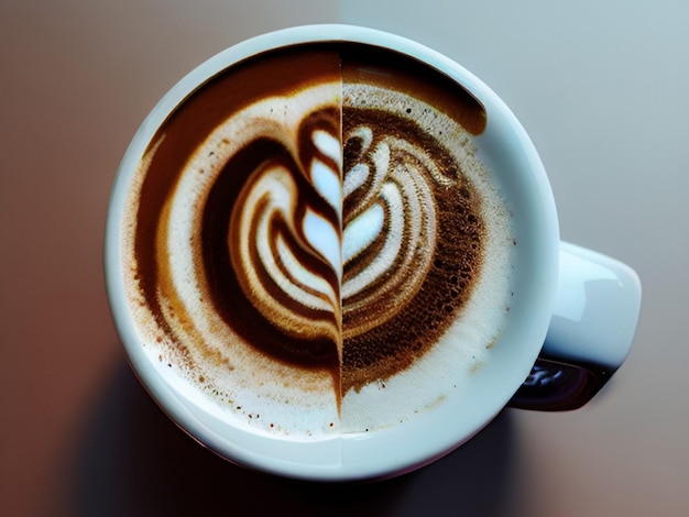 Une tasse de café avec une feuille sur le dessus.