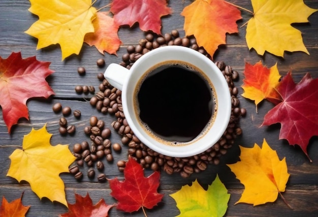 une tasse de café et une feuille sur une table