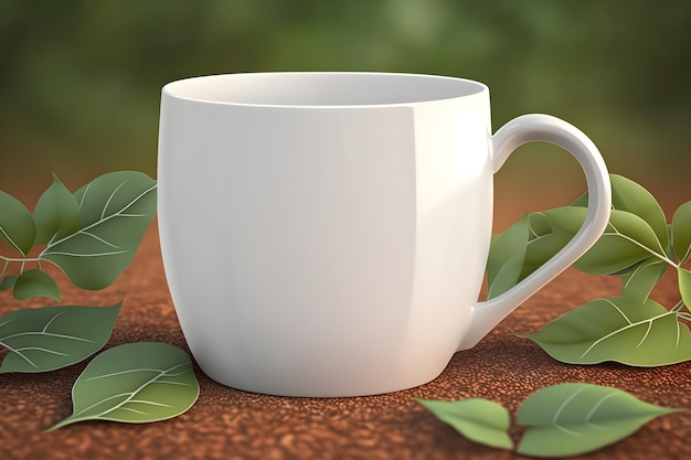 Une tasse de café avec des feuilles au sol