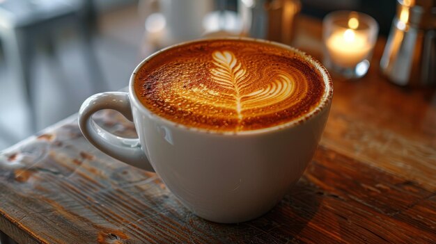 Une tasse de café avec des feuilles dessinées