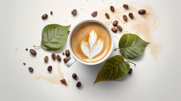 Une tasse de café avec des feuilles et des grains de café sur la table