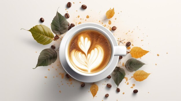 Une tasse de café avec des feuilles sur la table