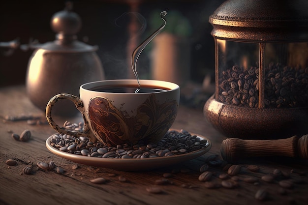 Une tasse de café avec des feuilles sur la table