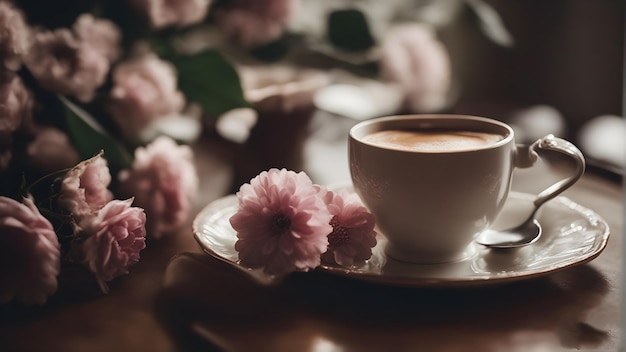 une tasse de café avec une fleur rose sur une soucoupe.