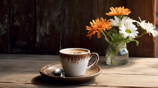 Une tasse de café et une fleur sur une table en bois.