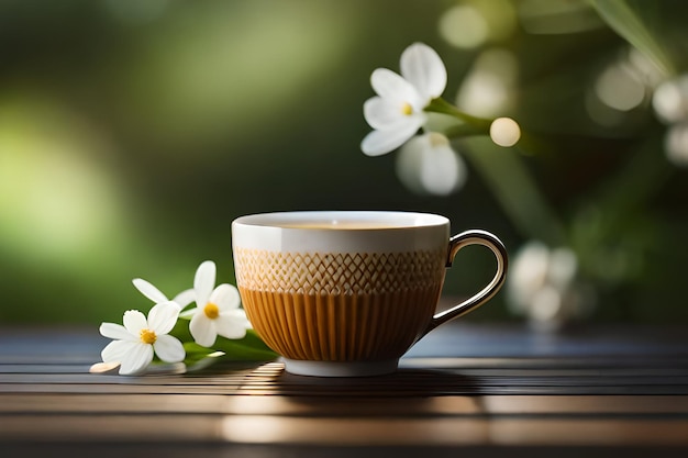 Une tasse de café avec des fleurs en arrière-plan