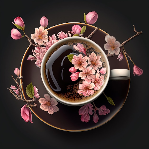 Une tasse de café avec des fleurs roses dessus et une assiette noire avec une branche de magnolia rose dessus.