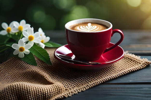 Une tasse de café avec des fleurs sur une table en bois