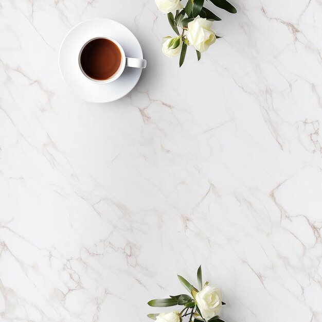 Une tasse de café et des fleurs sur une table en marbre.