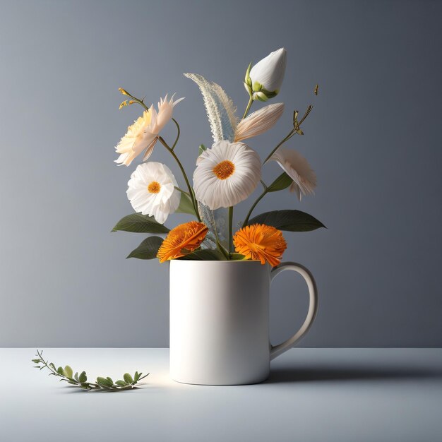 Une tasse de café avec des fleurs sur la table pour la maquette
