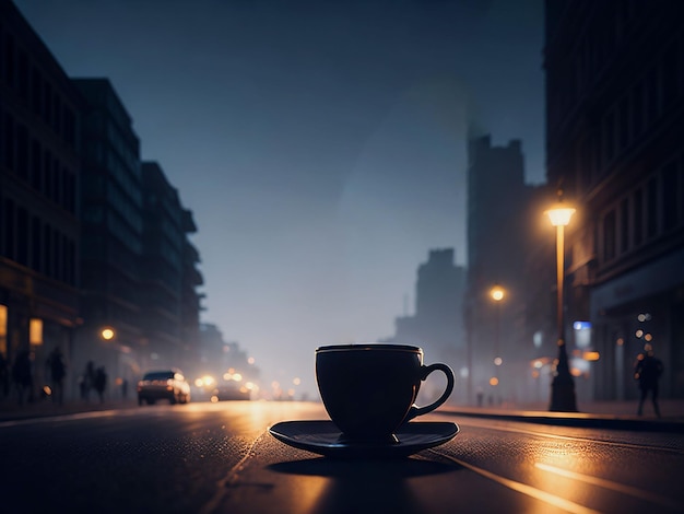 Une tasse de café sur le fond flou de la ville d'éclairage