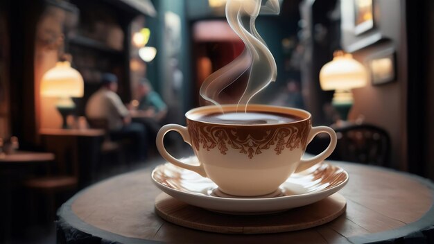 Une tasse de café avec un fond flou