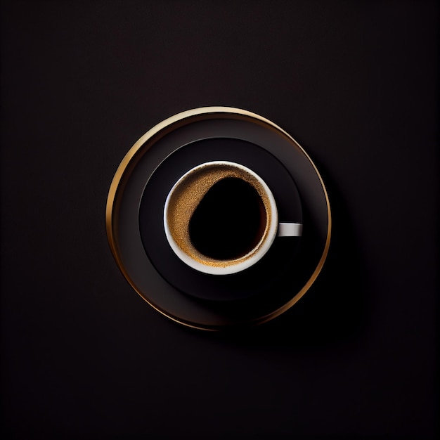 Tasse de café sur fond noir doré Vue de dessus