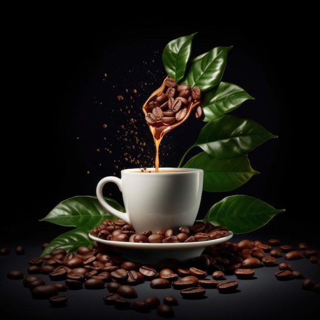 Tasse de café sur fond noir avec des grains de café et des feuilles vertes