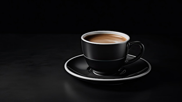 Une tasse de café avec un fond noir et une plaque argentée qui dit "espresso".